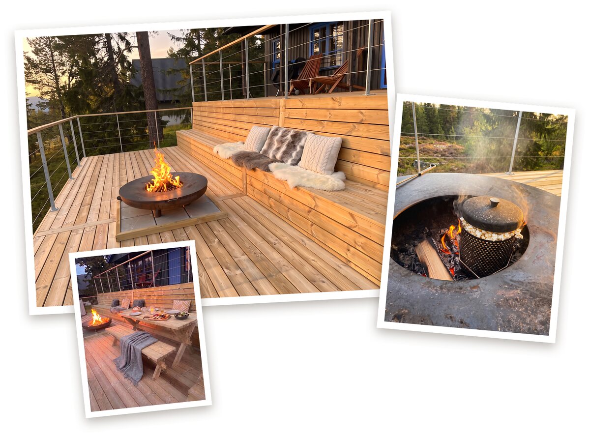 Nya terrassen: eldskål och platsbyggd bänk, popcorn över elden och matbordet med bänk